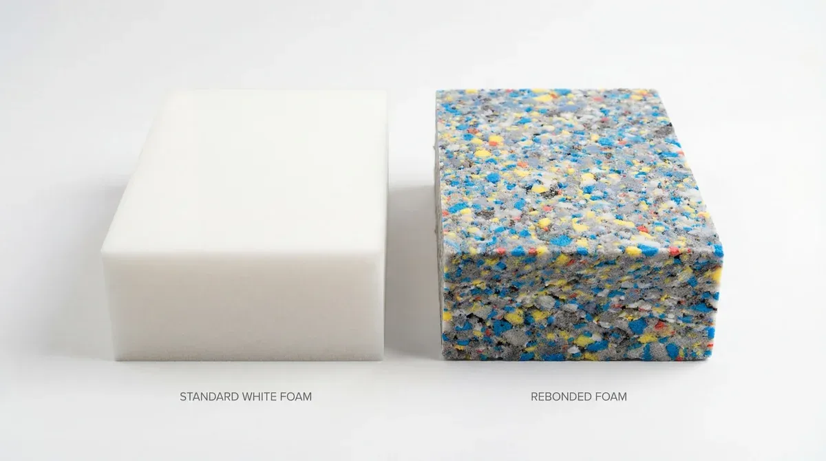 Perbandingan visual busa standar (kiri) vs busa rebonded (kanan) — terlihat perbedaan tekstur dan struktur material