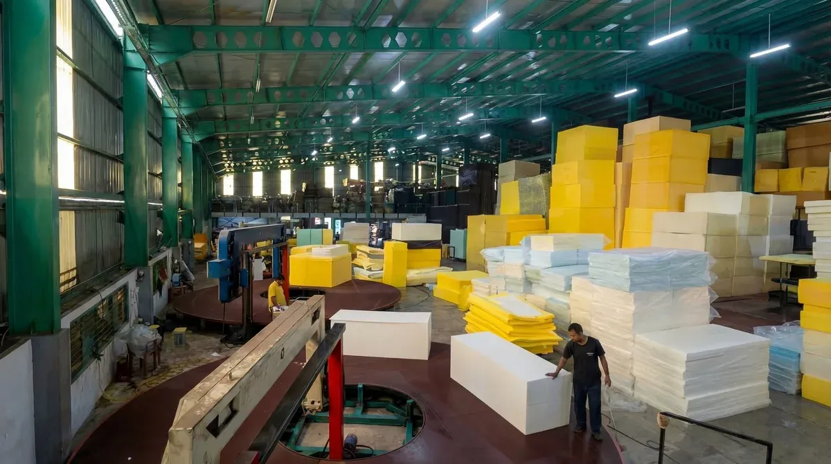 Gudang inventaris Densio — supplier busa dan kasur Indonesia